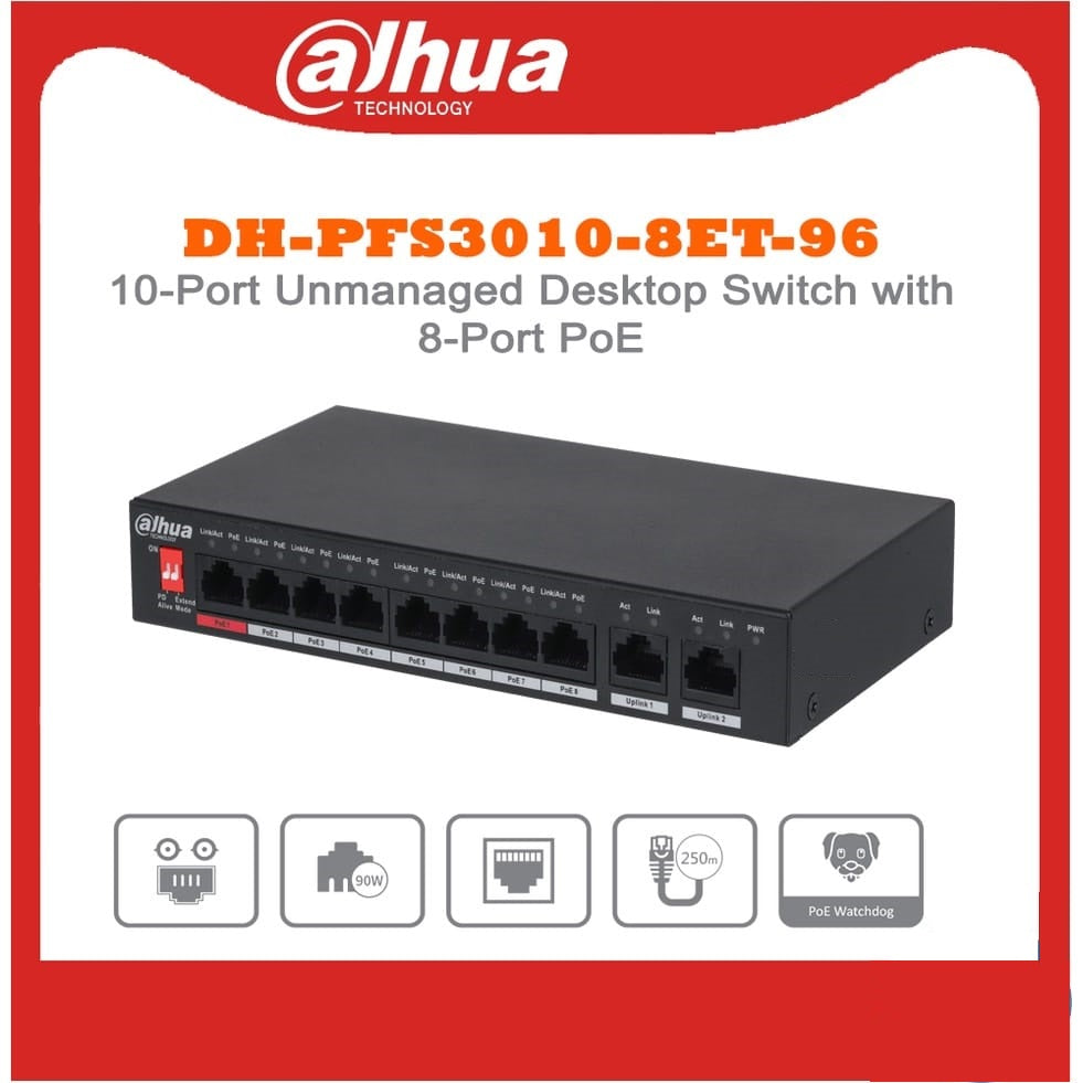 DAHUA DH-PFS3010-8ET-96 POE NON GIGA SWITCH (8+2GIGA) SWITCH - KUN TRADERS