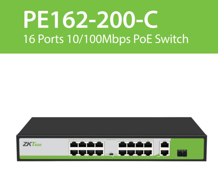 ZKT PE162-200-C 16-PORT POE SWITCH 10/100MBPS + 2 UPLINK, 1 SFP PORT, 200W- KUN TRADERS
