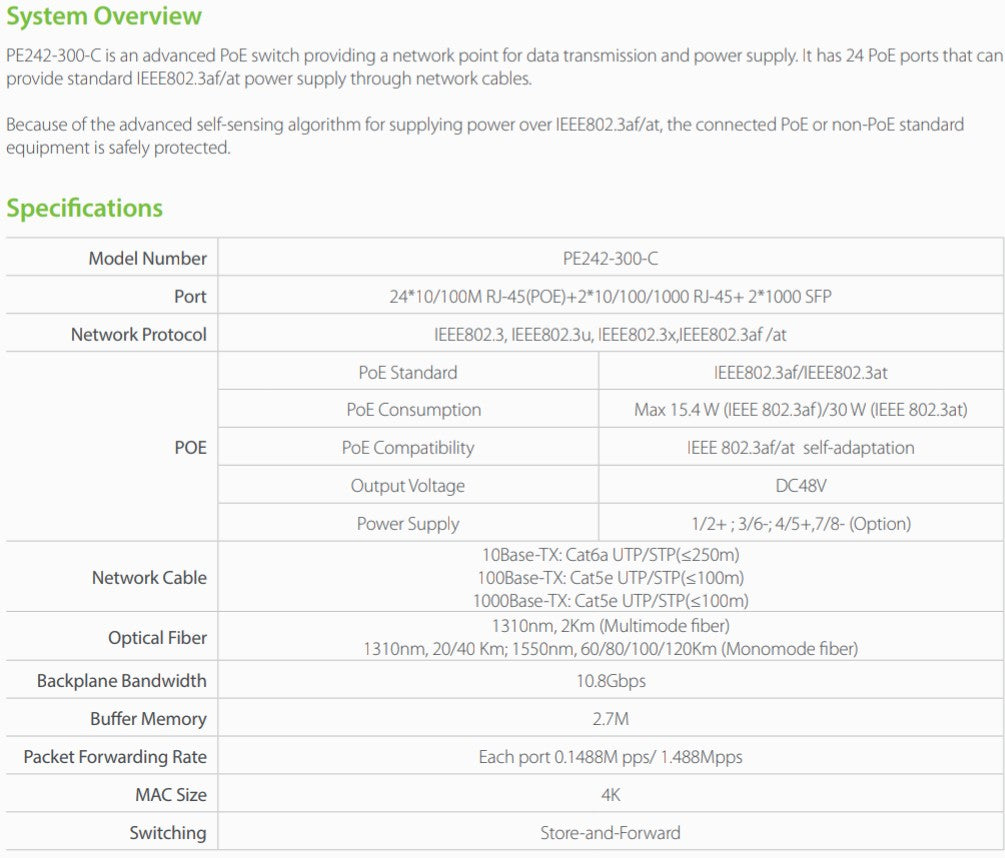 ZKT PE242-300-C 24-PORT POE SWITCH 10/100MBPS, 300W + 2 UPLINK PORTS - KUN TRADERS