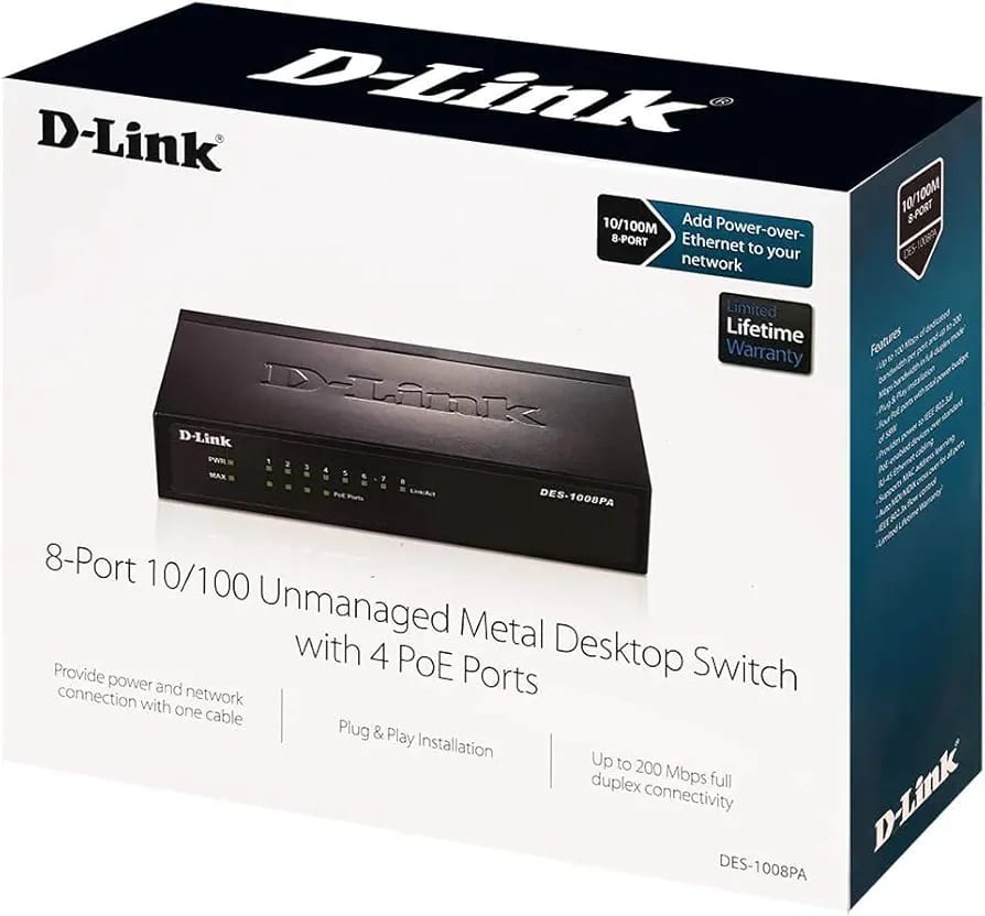 D-LINK DES-1008PA 8-PORT PoE SWITCH, 10/100Mbps, 4 PoE PORTS UNMANAGED SWITCH - KUN TRADER