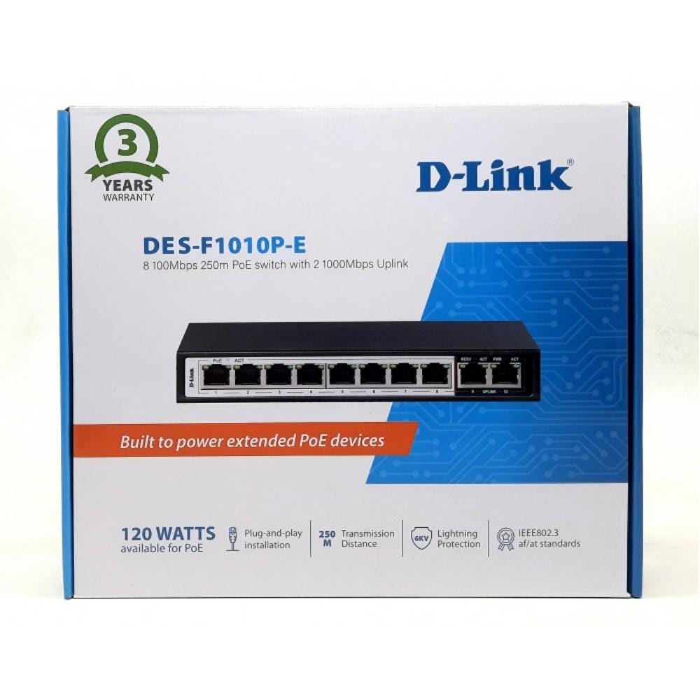 D-LINK DES-F1010P-E 10-Port PoE SWITCH, 10/100Mbps-8 PoE & 2 UPLINK PORTS - KUN TRADER