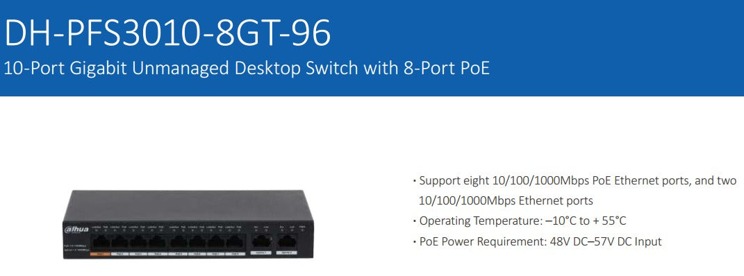 DAHUA DH-PFS3010-8GT-96 10-PORT DESKTOP POE SWITCH - KUN TRADER