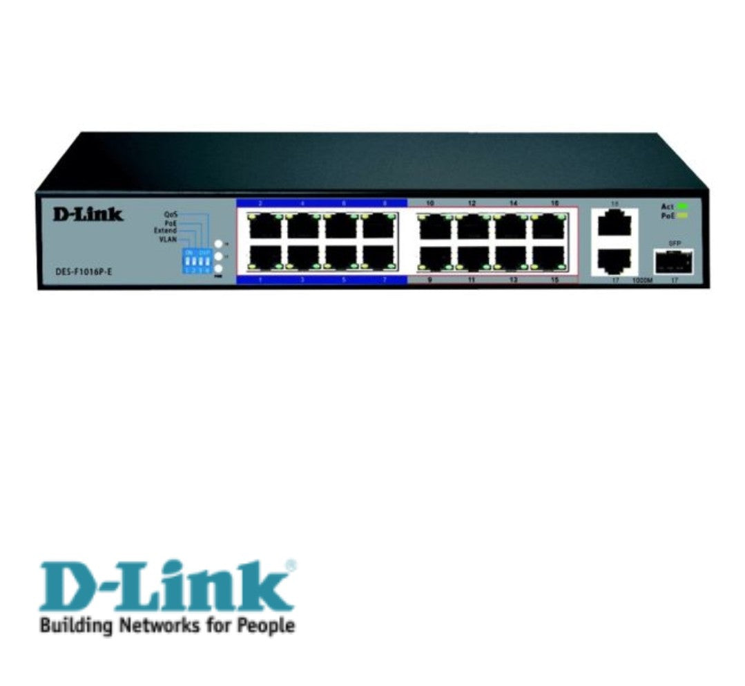 16-PORT PoE ETHERNET SWITCH (D-Link DES-F1016P) 10/100Mbps, 32W POWER BUDGET - KUN TRADER