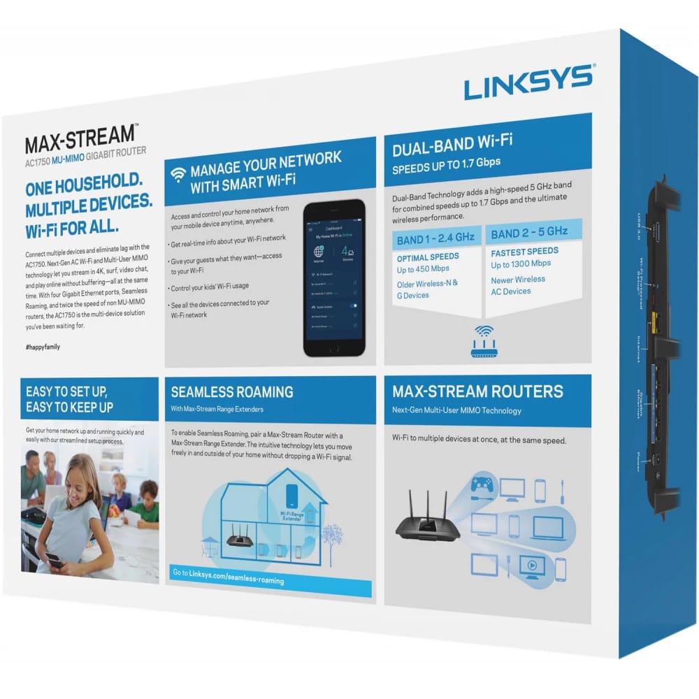 LINKSYS EA7300 MAX STREAM AC1750 DUAL-BAND Wi-Fi ROUTER, GIGABIT ETHERNET PORTS, 1,500 SQUARE-fOOT RANGE, 10 DEVICES, MU-MIMO (BLACK)- KUN TRADERS