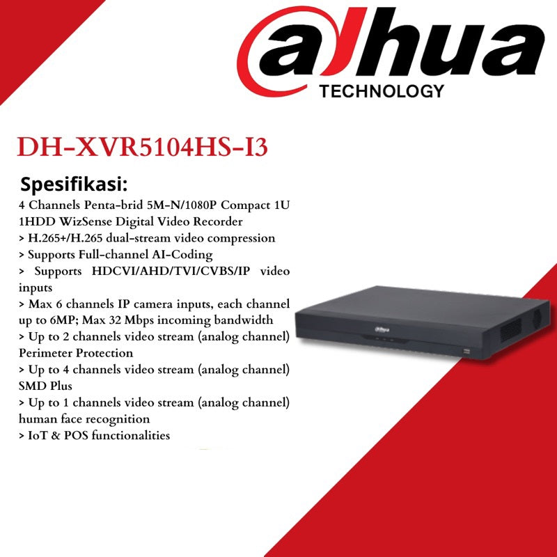 DAHUA 4 CHANNEL 5MP SUPPORTED XVR5104HS-I3 | HUMAN FACE RECOGNITION | - KUN TRADERS