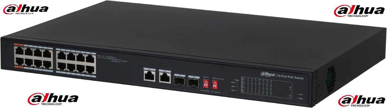 DAHUA 18-PORT UNMANAGED DESKTOP SWITCH WITH 16-PORT PoE + 2 OPTICAL PORT SWITCH PFS3218-16ET-135 - KUN TRADERS