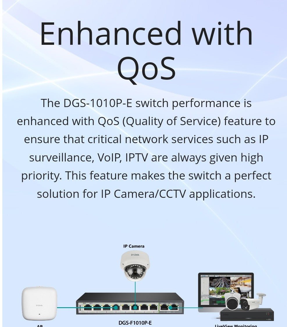 D-LINK DGS-F1010P-E 10-PORT GIGABIT PoE FAST ETHERNET SWITCH WITH 2 UPLINKS PORTS - UNMANAGED, 120W - KUN TRADER