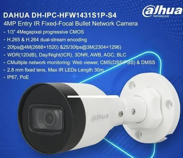Dahua 4MP IR BULLET Network IP Camera HFW 1431S1P-S4 (KUN TRADERS)