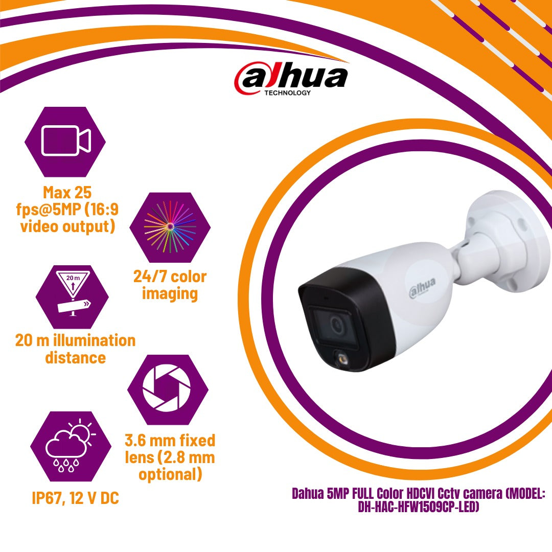 Dahua 5MP FULL Color HDCVI Cctv camera (MODEL: DH-HAC-HFW1509CP-LED)