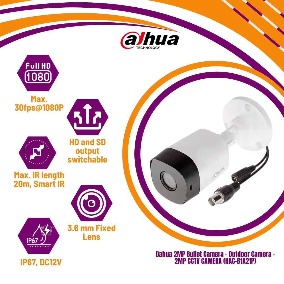 Dahua 2MP Bullet Camera - Outdoor Camera - 2MP CCTV CAMERA (HAC-B1A21P)