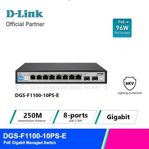 D-LINK DGS-F1100-10PS-E  8 PORT GIGABIT (8 POE - 96 Watt ) + 2 SFP PORT SMART SWITCH - KUN TRADER