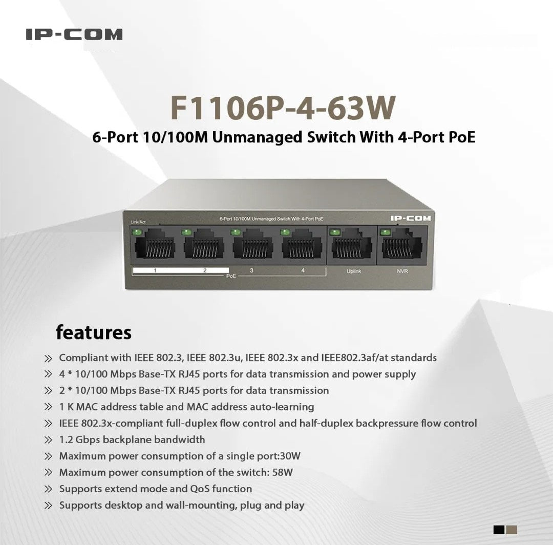 IP-COM F1106P-4-63W 6-PORT PoE UNMANAGED SWITCH - FAST ETHERNET, 63W POWER, 4 POE PORTS - KUN TRADER