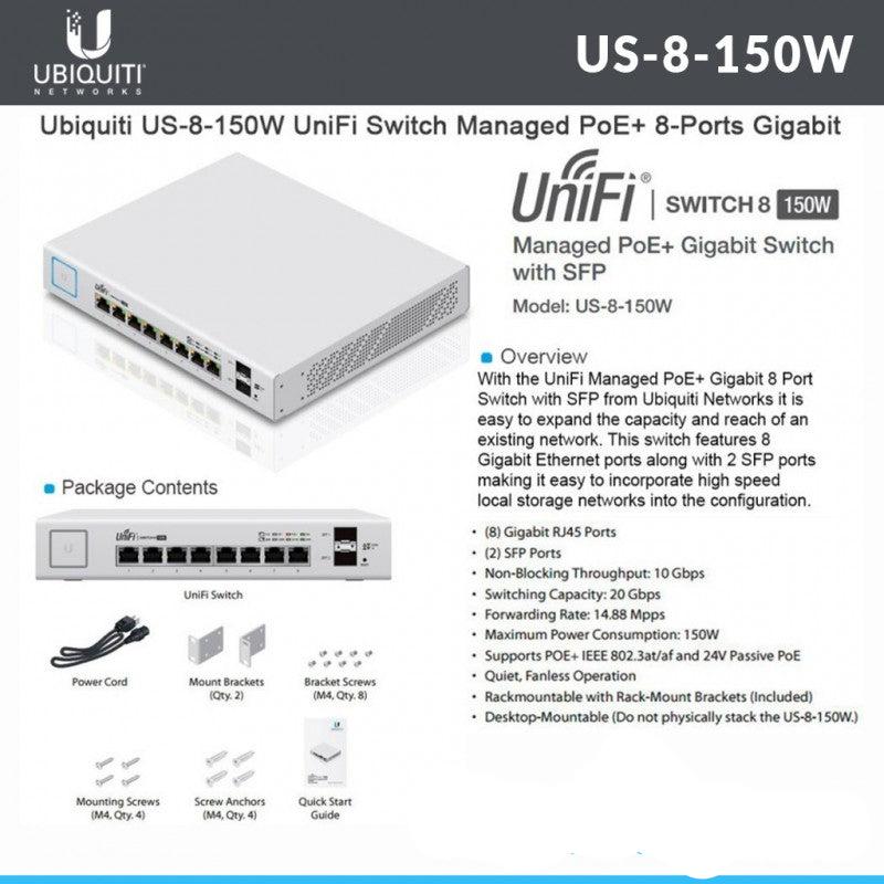 Ubiquiti UniFi US-8-150W 8-Port PoE+ Gigabit Managed Switch - 150W Power, VLAN Support - KUN TRADER