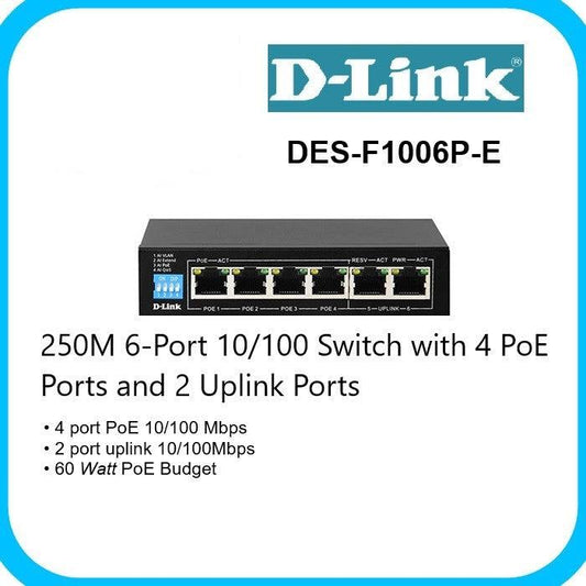 D-LINK DES-F1006P-E PoE SWITCH, 6 PORTS- 4 POE & 2 UPLINKS PORTS, 60W POWER BUDGET - KUN TRADER