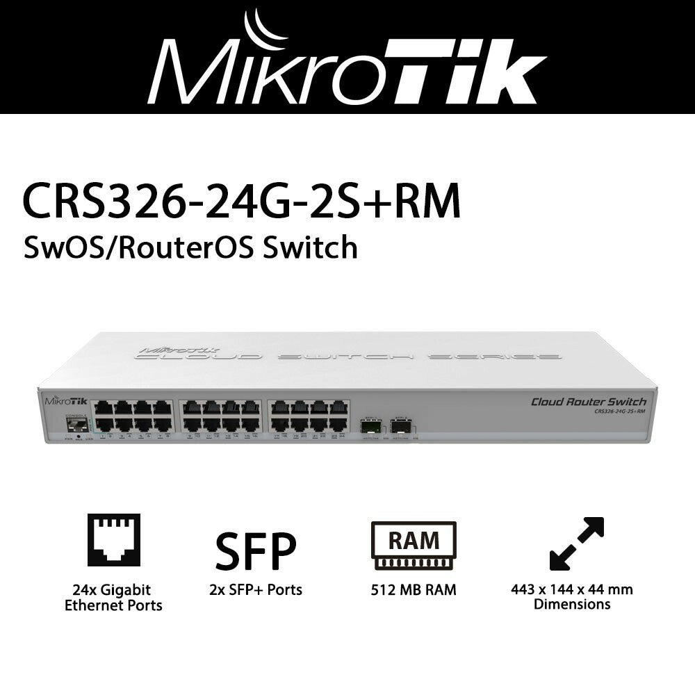 MIKROTIK CRS326-24G-2S+RM 24-PORT GIGABIT MANAGED SWITCH WITH 2 SFP PORTS - KUN TRADERS