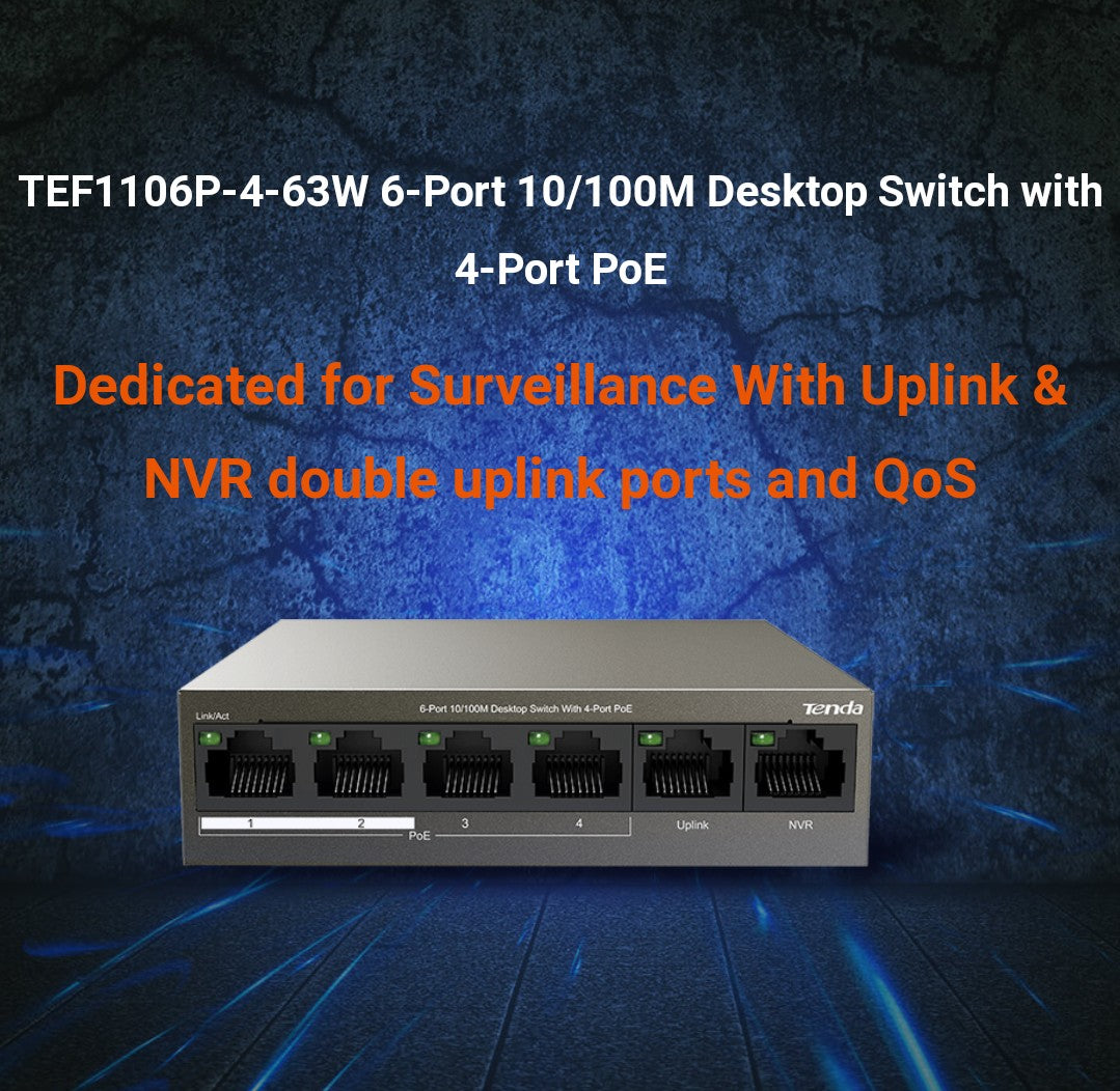 TENDA TEF1106P-4-63W 4 PORT POE + 2 PORT UPLINK SWITCH - KUN TRADERS