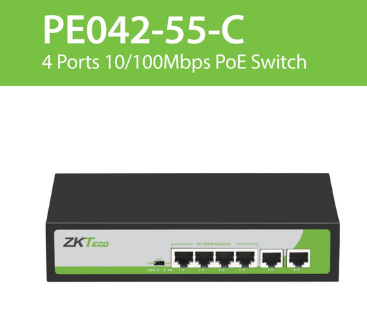 ZKT PE042-55-C 4-PORT POE SWITCH 10/100MBPS + 2 UPLINK PORTS - KUN TRADERS