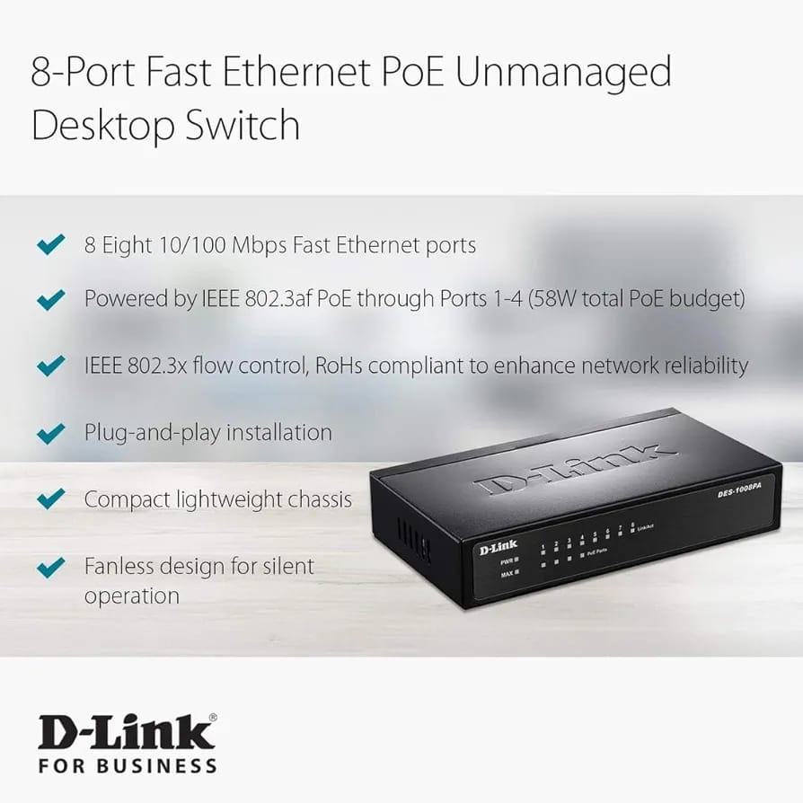 D-LINK DES-1008PA 8-PORT PoE SWITCH, 10/100Mbps, 4 PoE PORTS UNMANAGED SWITCH - KUN TRADER