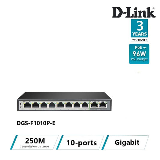 D-LINK DES-F1010P-E 10-Port PoE SWITCH, 10/100Mbps-8 PoE & 2 UPLINK PORTS - KUN TRADER