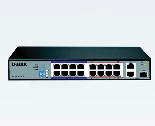 16-PORT PoE ETHERNET SWITCH (D-Link DES-F1016P) 10/100Mbps, 32W POWER BUDGET - KUN TRADER