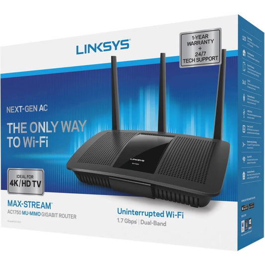 LINKSYS EA7300 MAX STREAM AC1750 DUAL-BAND Wi-Fi ROUTER, GIGABIT ETHERNET PORTS, 1,500 SQUARE-fOOT RANGE, 10 DEVICES, MU-MIMO (BLACK)- KUN TRADERS