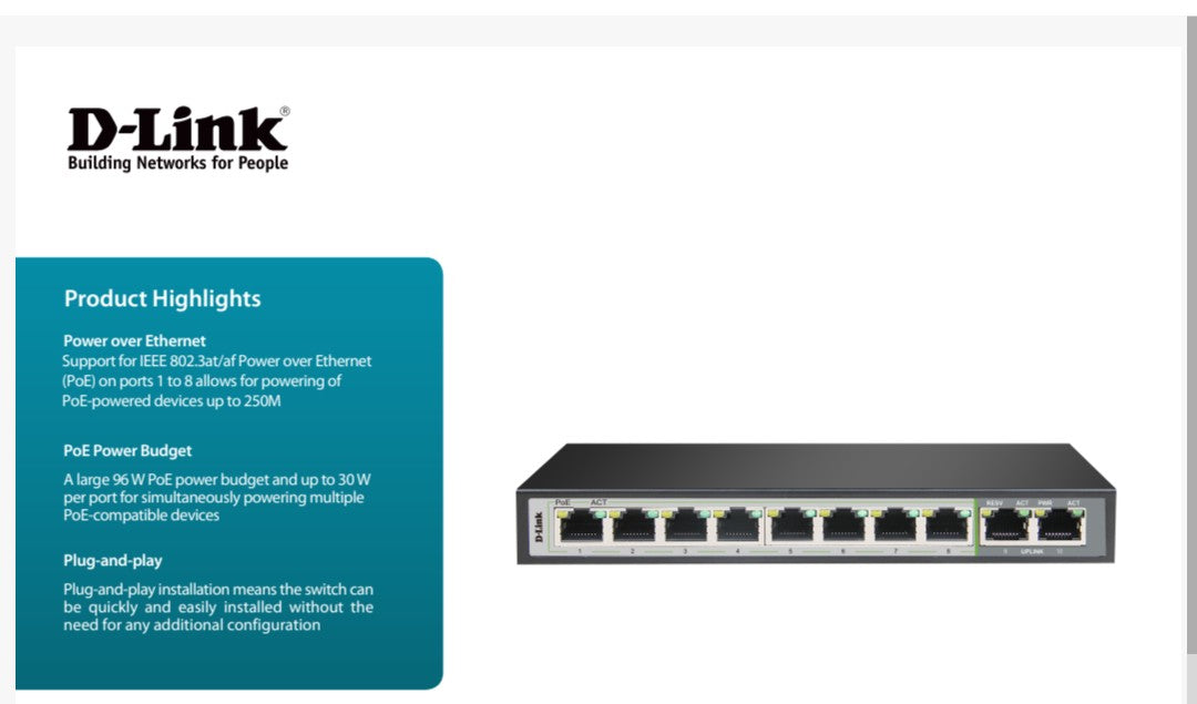 D-LINK DGS-F1010P-E 10-PORT GIGABIT PoE FAST ETHERNET SWITCH WITH 2 UPLINKS PORTS - UNMANAGED, 120W - KUN TRADER
