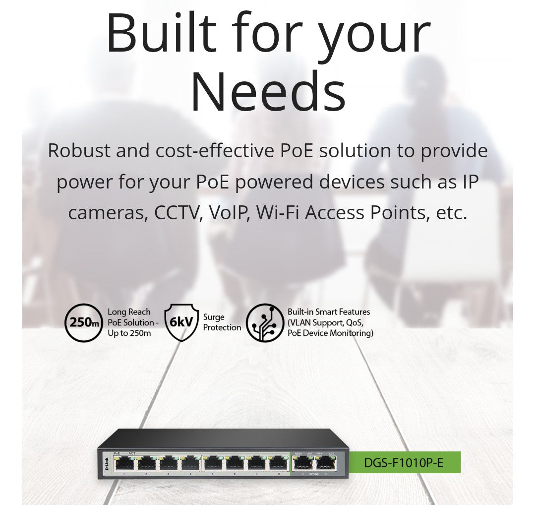 D-LINK DGS-F1010P-E 10-PORT GIGABIT PoE FAST ETHERNET SWITCH WITH 2 UPLINKS PORTS - UNMANAGED, 120W - KUN TRADER