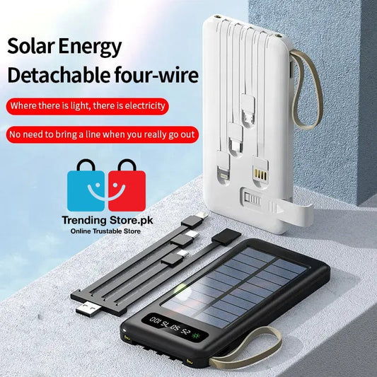 Solar Mobile Charging Power Bank 10000 mAh Battery With 4 Charging Cables iPhone, Android,