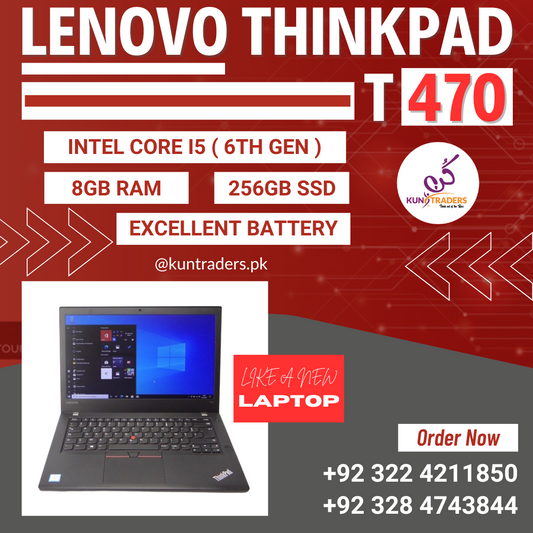 Lenovo ThinkPad T470 Core-i5-6th Gen 8GB RAM 256GB SSD 14″ Display Like A New Laptop