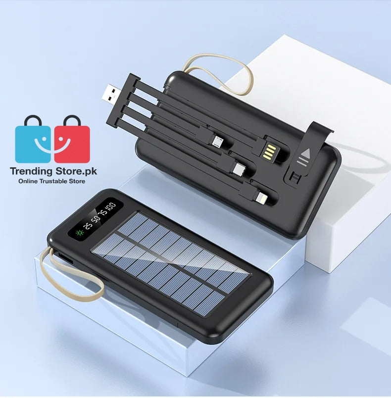 Solar Mobile Charging Power Bank 10000 mAh Battery With 4 Charging Cables iPhone, Android,
