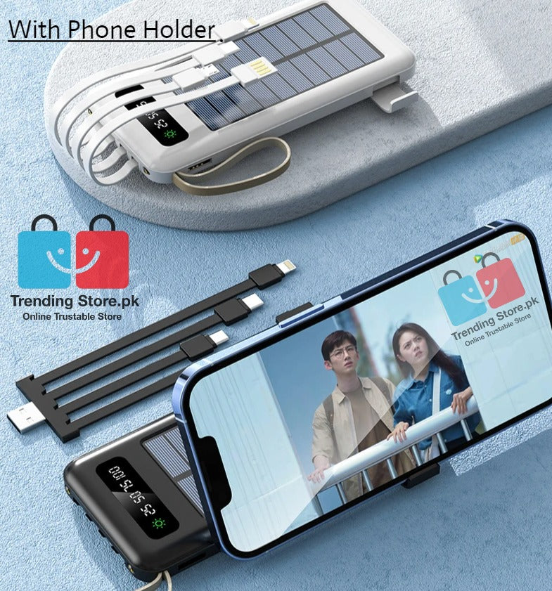 Solar Mobile Charging Power Bank 10000 mAh Battery With 4 Charging Cables iPhone, Android,