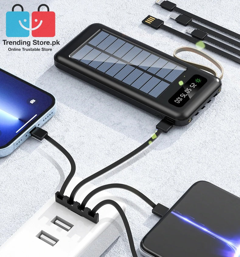Solar Mobile Charging Power Bank 10000 mAh Battery With 4 Charging Cables iPhone, Android,