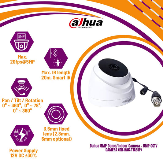 Dahua 5MP Dome/Indoor Camera - 5MP CCTV CAMERA (DH-HAC-T1A51P)