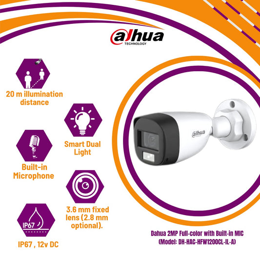 Dahua 2MP Full-color with Built-in MIC (Model: DH-HAC-HFW1200CL-IL-A)