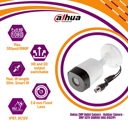 Dahua 2MP Bullet Camera - Outdoor Camera - 2MP CCTV CAMERA (HAC-B1A21P)