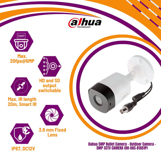 Dahua 5MP Bullet Camera - Outdoor Camera - 5MP CCTV CAMERA (DH-HAC-B1A51P)