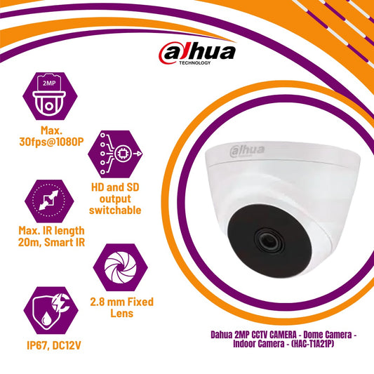 Dahua 2MP CCTV CAMERA -  Dome Camera -  Indoor Camera -  (HAC-T1A21P)