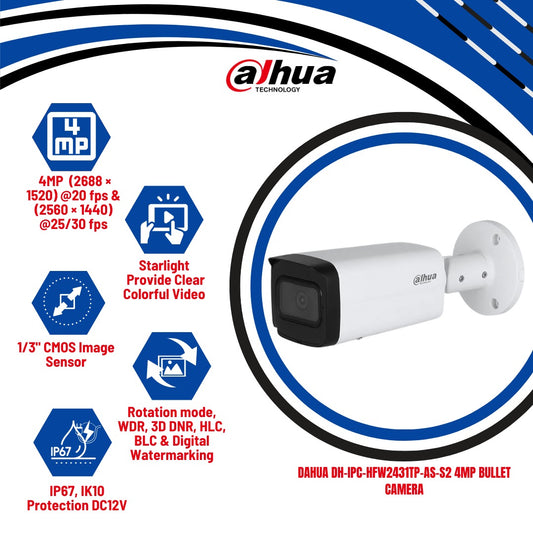 DH-IPC-HFW2431TP-AS-S2 | Dahua 4MP Bullet Camera | KUN TRADERS